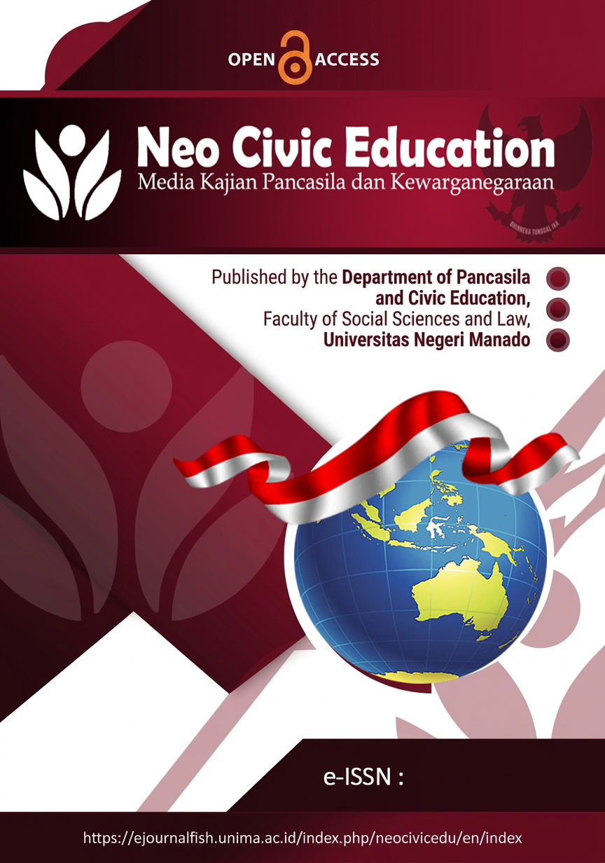 Jurnal Neo Civic Education: Media Kajian Pancasila dan Kewarganegaraan is a scientific journal published by Pancasila and Civic Education Department Faculty of Social Science and Law Manado State University in collaboration with Asosiasi Profesi Pendidikan Pancasila dan Kewarganegaraan Indonesia (Indonesia Association of Pancasila and Civic Education/AP3KnI). It is at the national level that covers a lot of common problems or issues related to citizenship studies, i.e., civic education (curriculum, teaching, instructional media, and evaluation), political education, law education, moral education, and multicultural education.